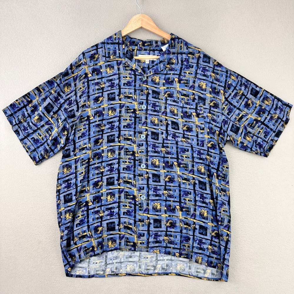 Vintage Camp Shirt Mens Medium Blue Abstract Print Rayon 80s Direction Vacation - Picture 2 of 9